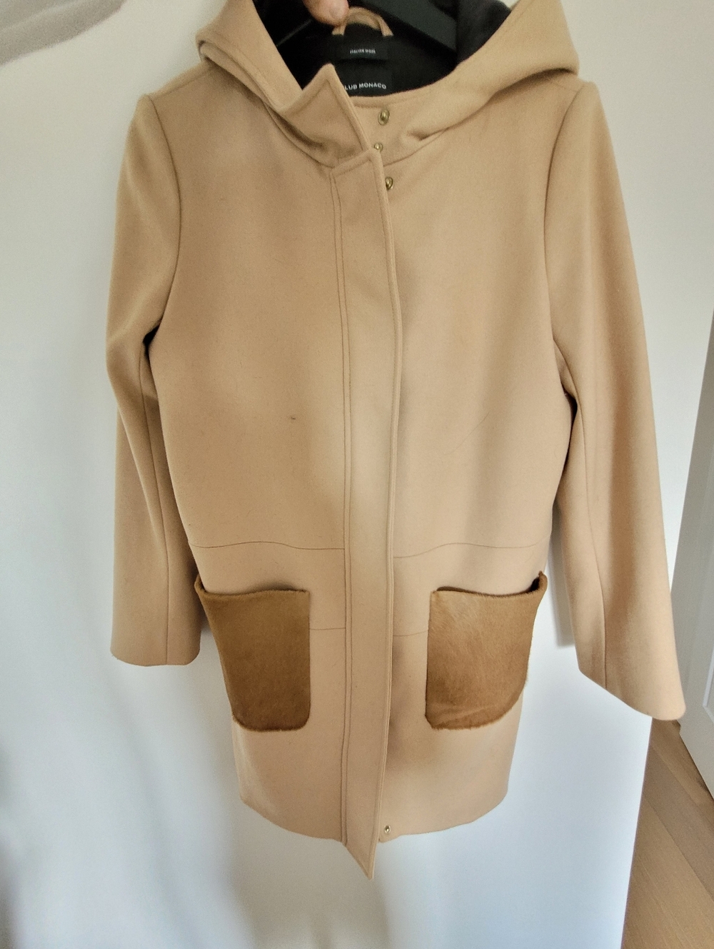 Club Monaco Beige Tan Wool Hooded 'RYAN' Coat w/Calf Hair Pockets Size Small